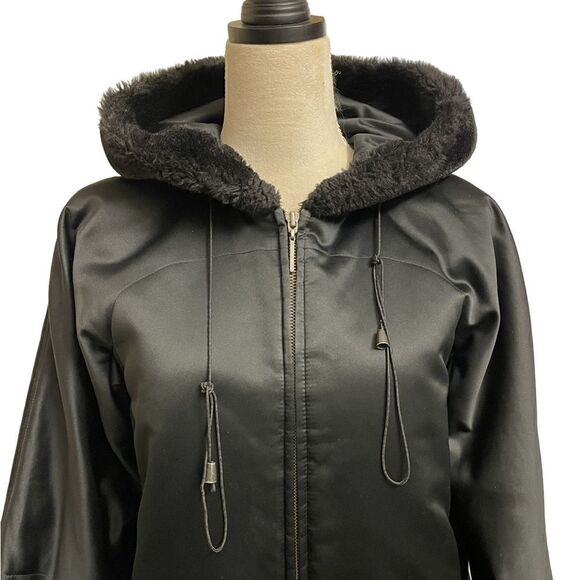 Jones New York Black Full Zip Winter Coat with Faux Fur Lined Hood (Small) - Picture 4 of 11